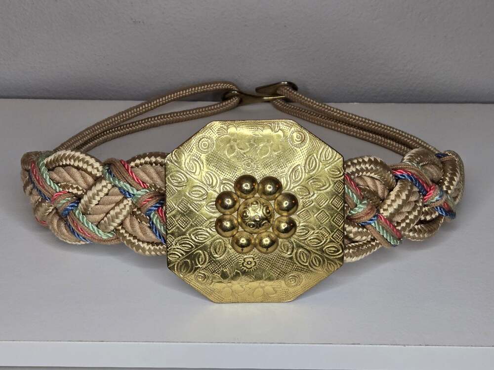 Vintage Braided Gold Cord Rope Belt With Ornate Brass Medallion Waist Cincher